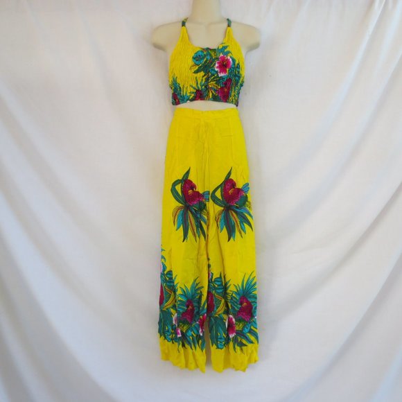 New Touch of Hawaii Yellow Tropical Beach Lounge Halter Top Wrap Pants Set OSM - Picture 1 of 10